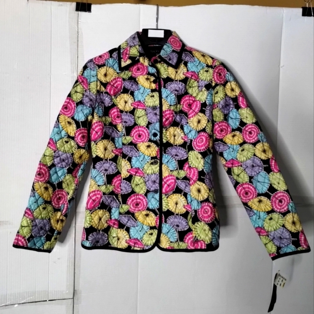 Silkland Multicolor Umbrella Quilted  Beaded Jacket SZ Small Women 100%silk Chic